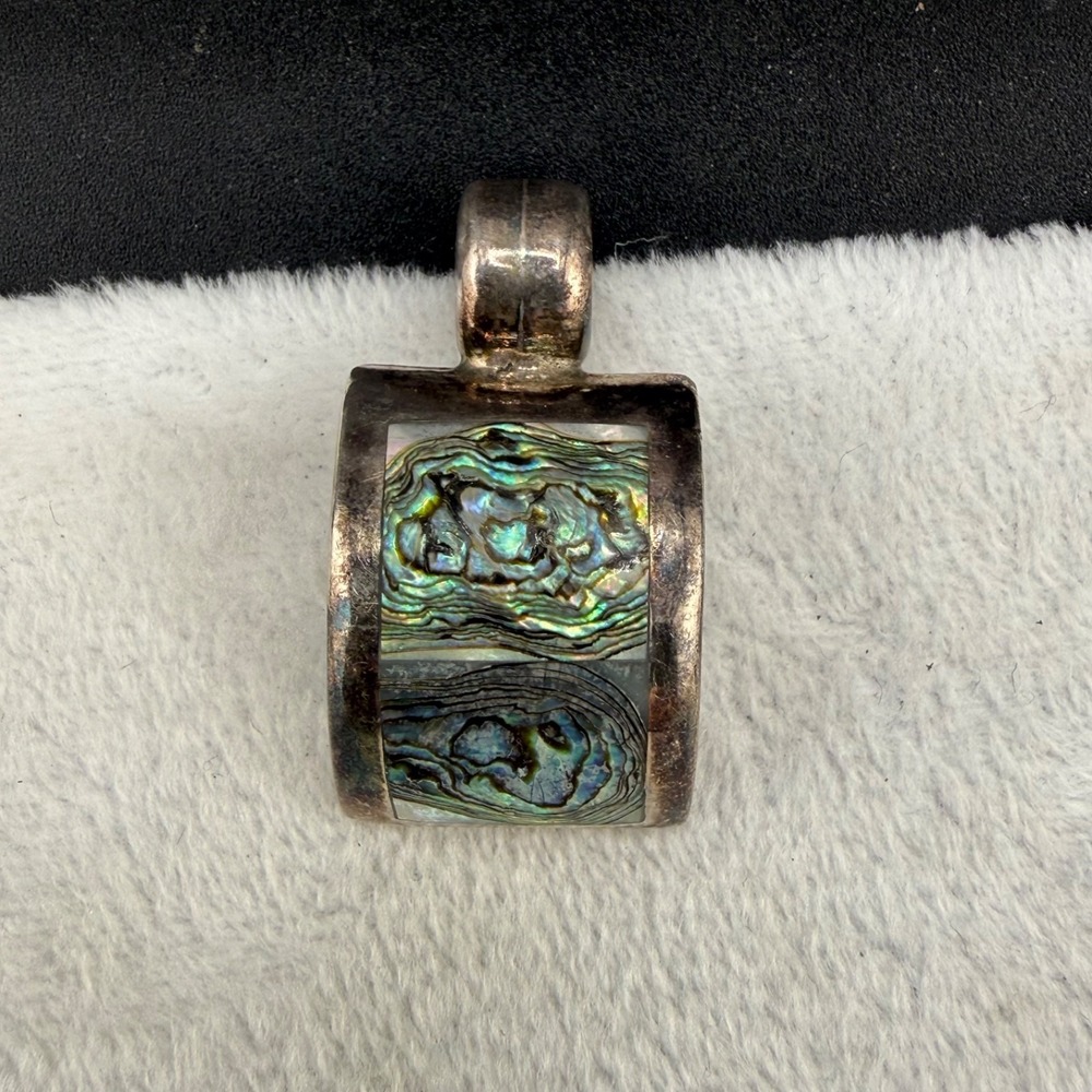 Vintage Estate Pendant Silver Abalone Inlay Curved Rectangle Mexican 925